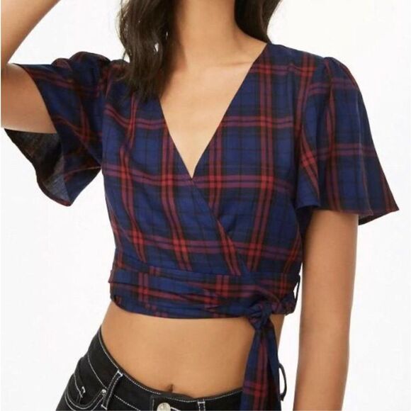 Forever 21 Womens Red & Blue Plaid Wrap Side Tie Crop Tops Size Large - Picture 1 of 9